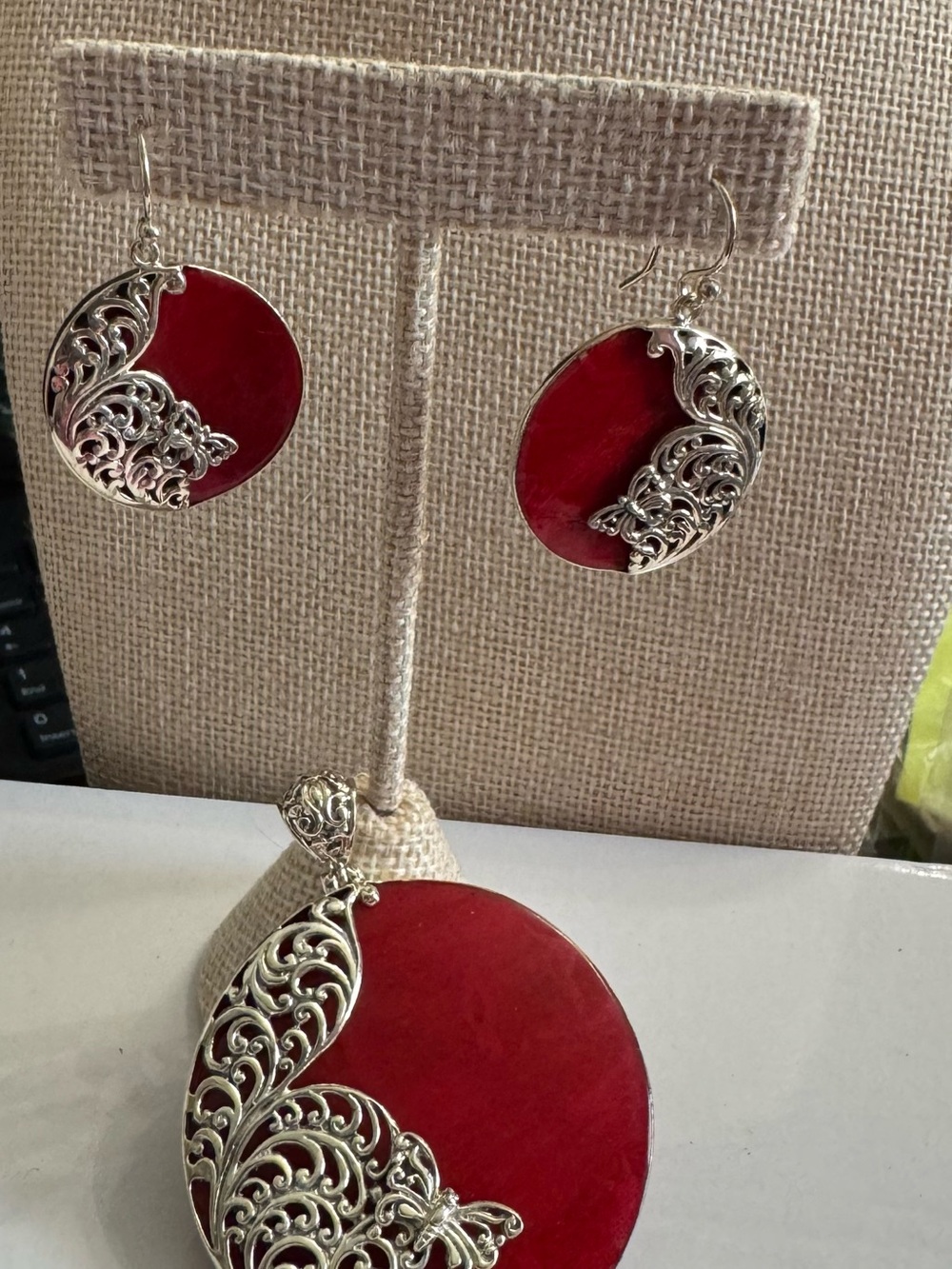 Carolyn Pollack 925 SS Red Coral  Filigree Round Pendant and Matching Earrings